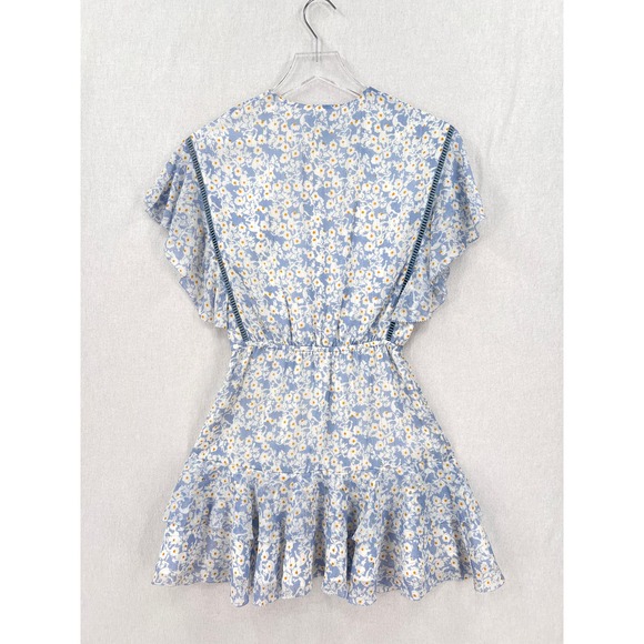 SAYLOR Marina Mini Dress Womens XS Floral Sky Printed Ruffle Ruched Flutter - Picture 4 of 16